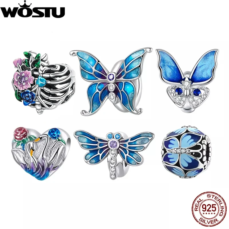 WOSTU 925 Sterling Silver Nature Theme Flower Heart Charms Pendant Butterfly Dragonfly Bead For Women Original Bracelet Necklace