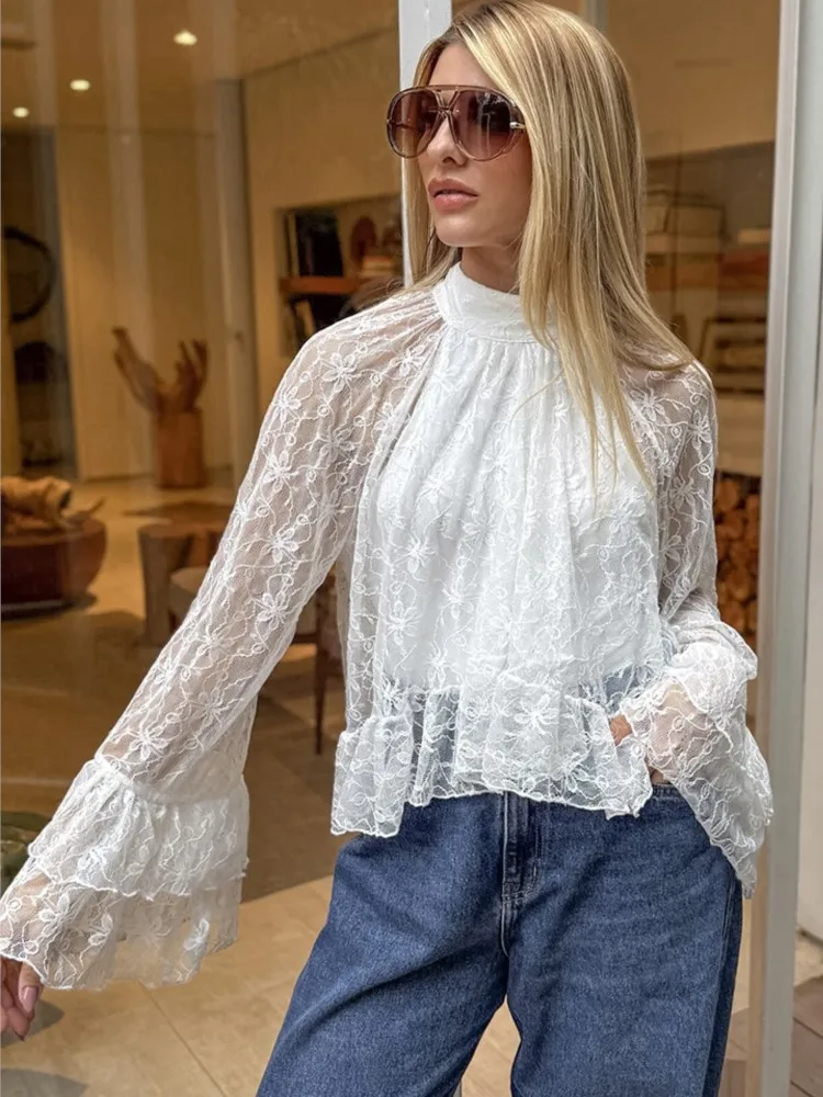 

Новая летняя женская элегантная модная блузка 2026 года с высоким воротником, расклешенными рукавами с оборками, белая кружевная блузка-фальш-двойка