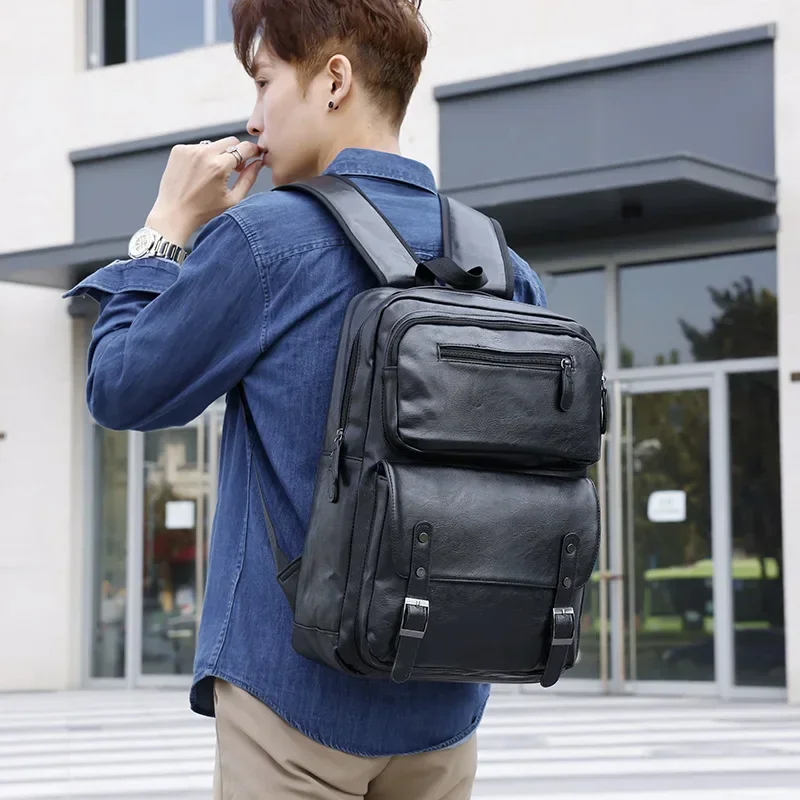 Vintage PU Leather Men Backpack Business Travel Backpacks Large Capacity Male Laptop Bag Fashion School Bags For Boys mochilas