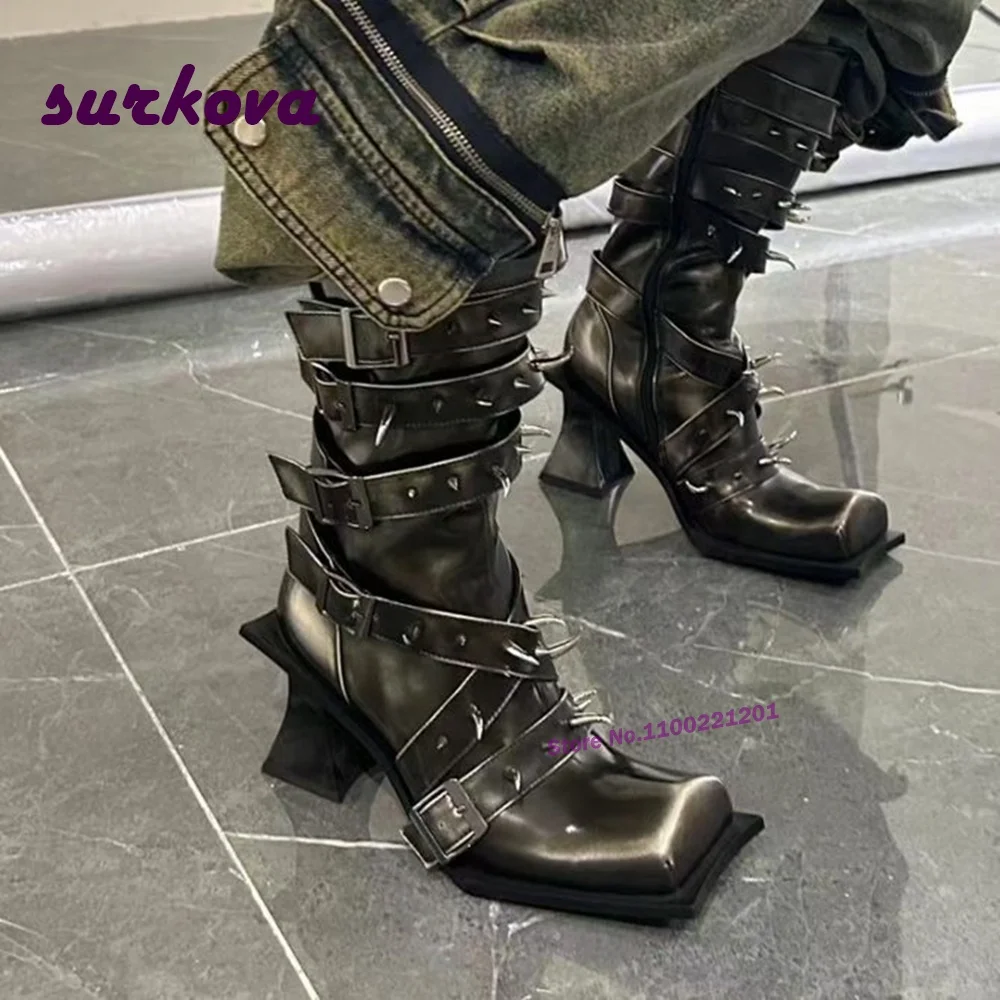 

Punk Rivet Belt Buckle Boots Square Toe Strange Style Side Zipper Knight Boots for Women Long Retro Motorcycle Booty Casual