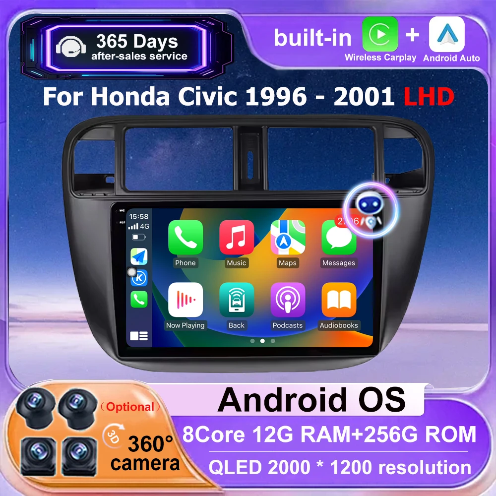 

9 Inch For Honda Civic 1996-2001 LHD Android Auto Car Radio Stereo Multimedia Vedio Player GPS Wireless CarPlay DSP 360 Camera