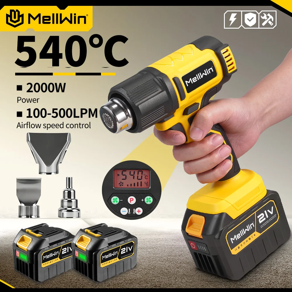 MELLWIN 540 ° C Akku-elektrische Heißluftpistole, 25 Gänge, Einstellen der Heißluftpistole für Auto, Film, Abisolieren, Lack, für Makita 18 V-Batterie-Pin