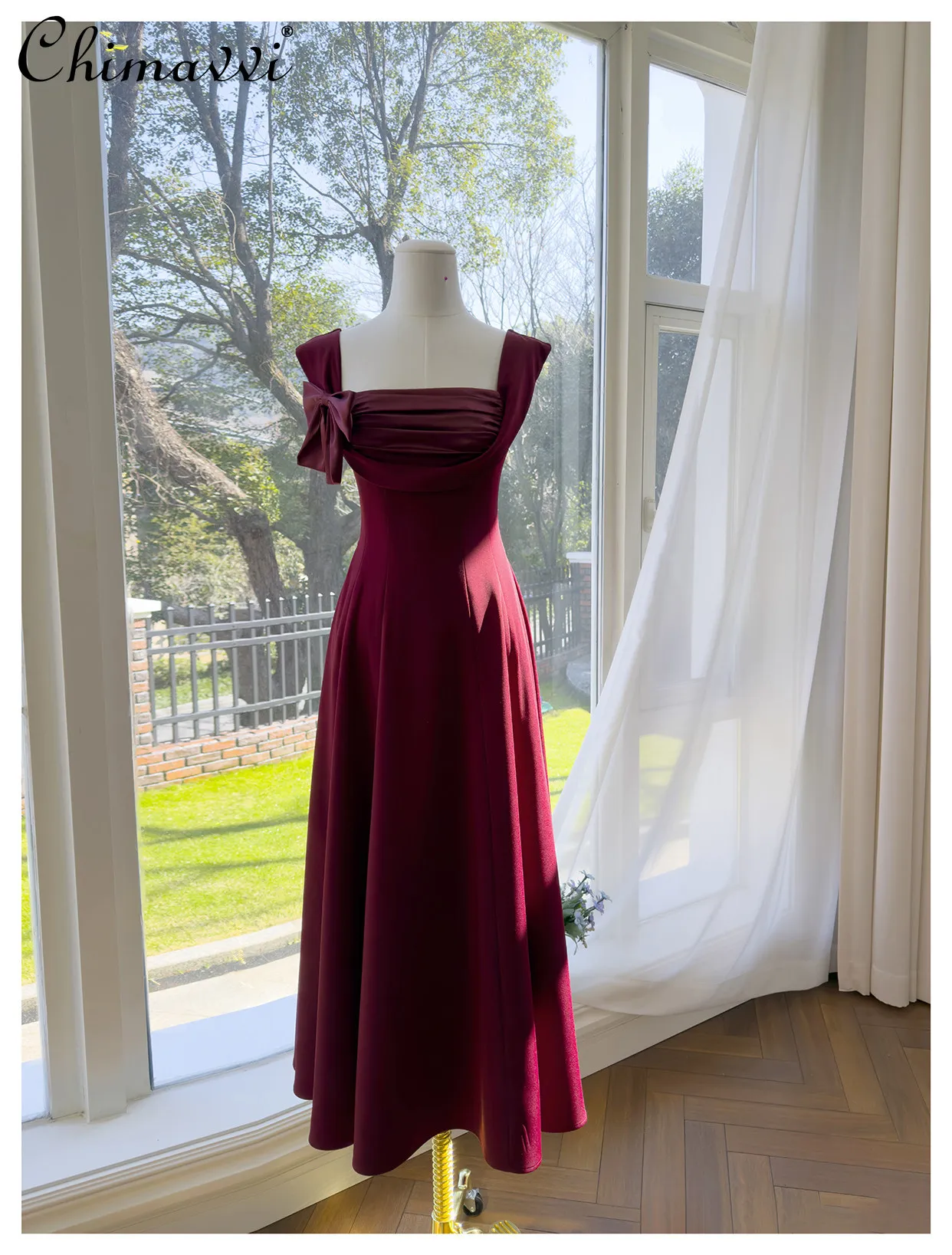 

Strapless Engagement Party Red Dresses Detachable Bow Square Neck Sleeveless High-waisted A-line Elegant Long Dress for Women