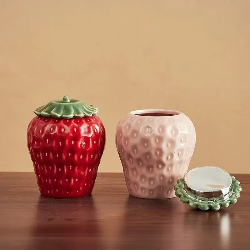 Creative Simulation Strawberry Tea Jar with Lid Candy Storage Jar Sealed Simulation Fruit Tea Jar Desktop Decoration Ornaments