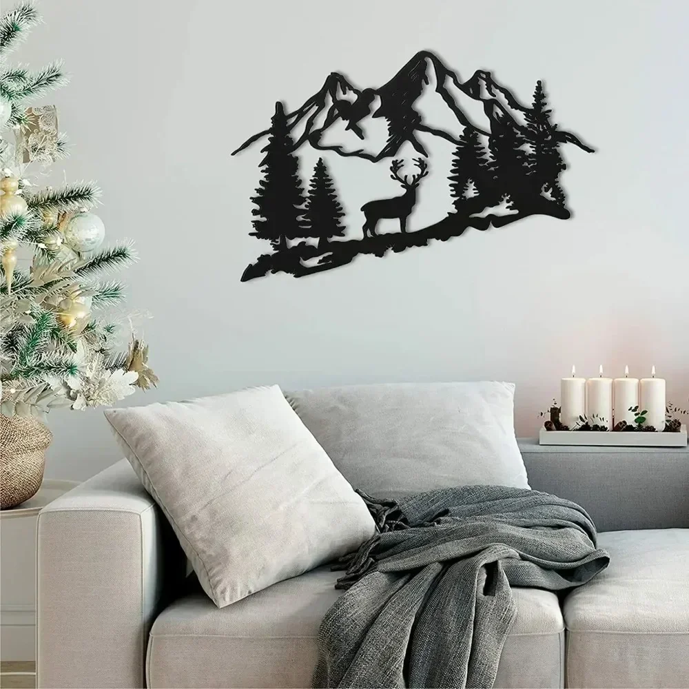 Metal Deer Wall Art - Forest and Mountain Deer Design, Iron Art for Cabin Decor, Wall Decoration, and Wall Sticker