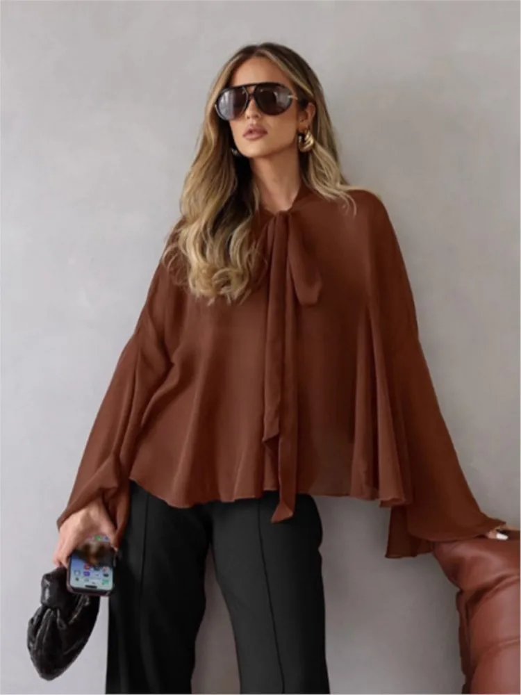 

Fashion Shirt For Women See Through Ruffled Lace Up Loose Blouse 2025 New Summer Chic Vintage Casual O-Neck Long Sleeve Shirts