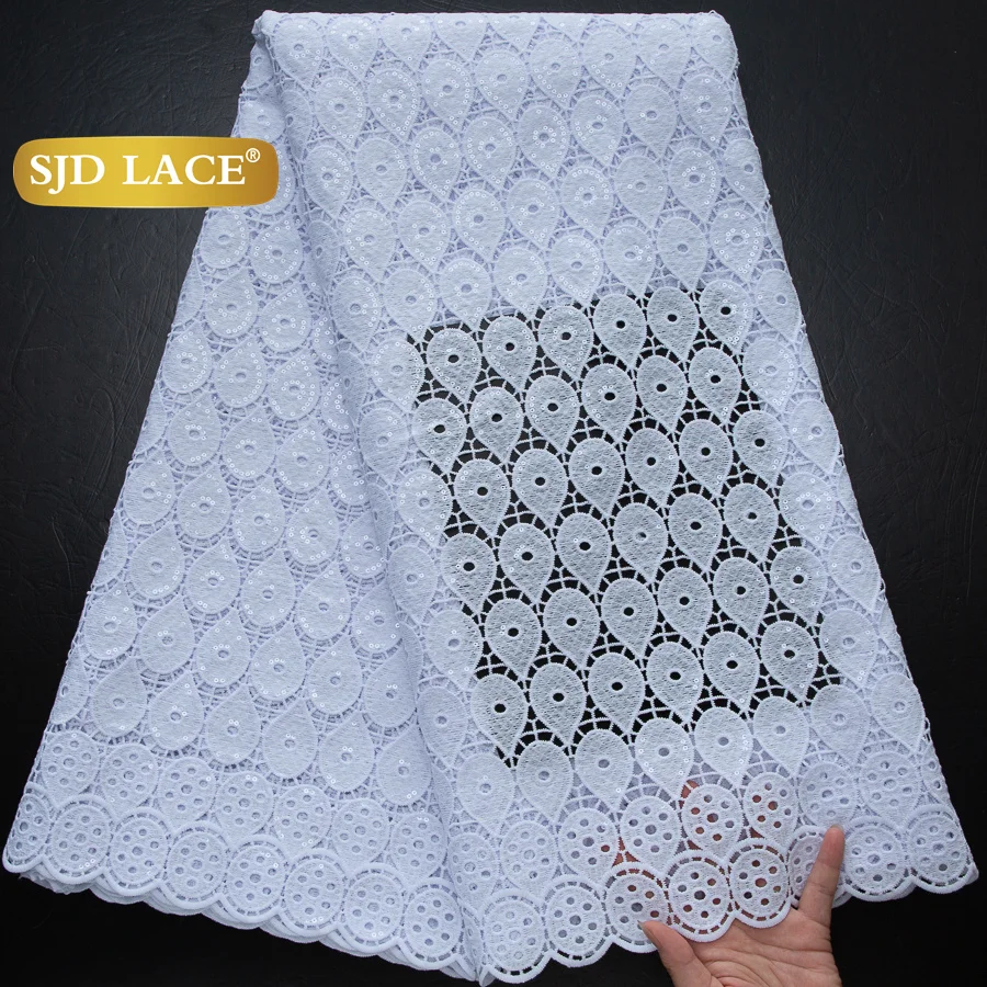 SJD LACE African Sequins Guipure Cord Lace Fabrics 5 Yards White 2025 New Nigerian Water Soluble Lace For Women Dresses Sew 4197