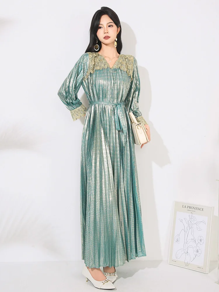 High Quality Pleated Lace Up Dresses Spring Women Long Sleeve V Neck Loose Dress Autumn High Waist Patchwork Ankle Length Dress