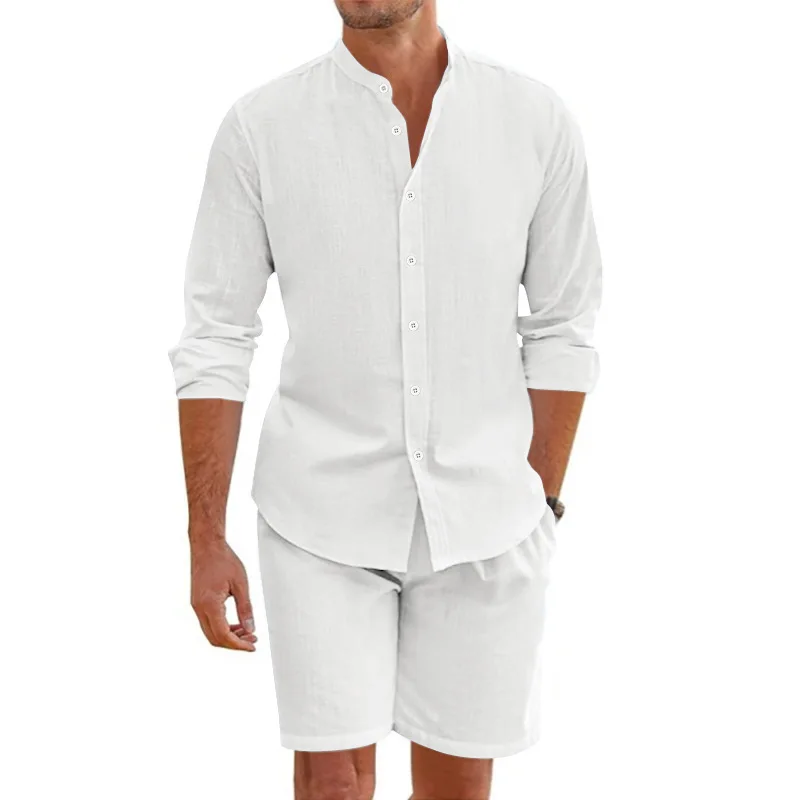 GELITAYIN 2025 American Style Spring Summer New Men's Suit Loose Casual Linen Breathable Hawaiian Simple Long Sleeve Shirt+Short