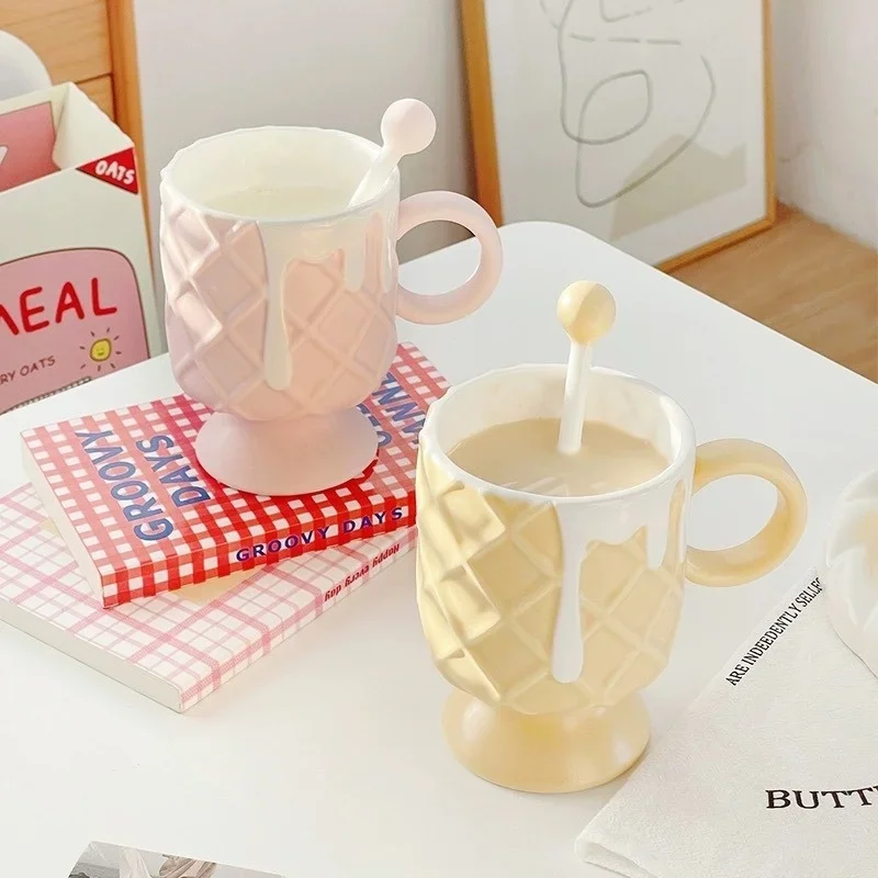 Creative Cream Ice Cream Coffee Cup with Stirring Spoon Ceramic Cup Ins High Beauty Milk Cup Female Household Mug Tableware Gift