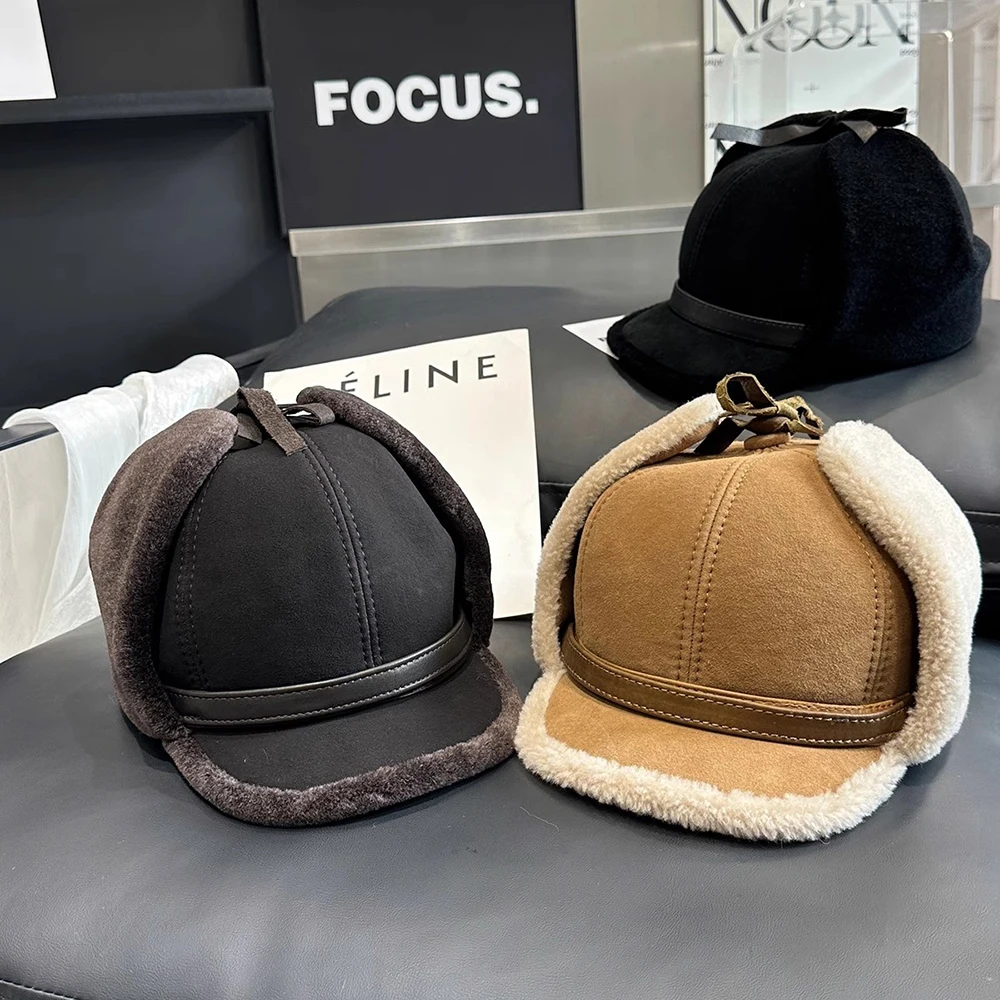 New Winter Wool Cap High Quality Leather Hat Men Fur Lamb Wool Warm Thick Earflaps Bomber Hats Men's Baseball Cap Russian hats