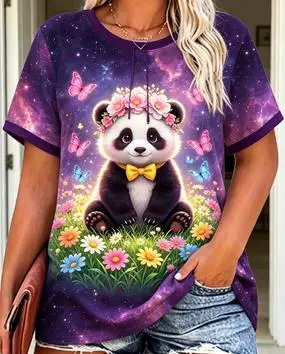 Women Galaxy Flower Crown Panda Ringer Graphic T‑Shirt Butterfly Floral Casual Short Sleeve Tee Top