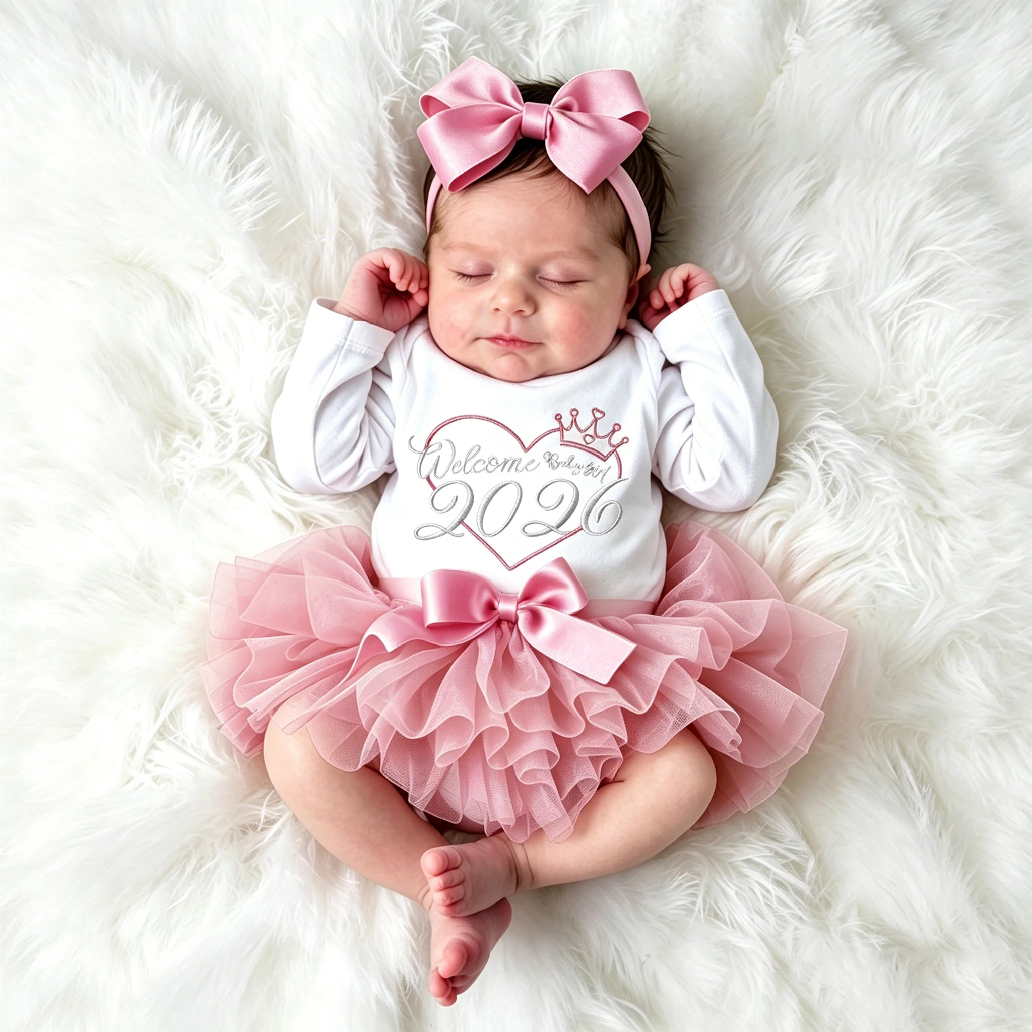 2026New Summer Newborn Photography Outfit Sets Infant Baby Girls Letter Print Romper Pink Tulle Skirt Headband Photo Props-HD