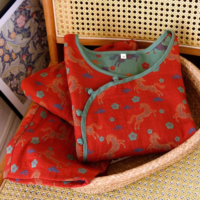 

Мягкий хлопковый комплект для сна в китайском стиле с узором «Красная удачная лошадь», домашняя одежда для женщин с диагональной застежкой, подарок на Новый год