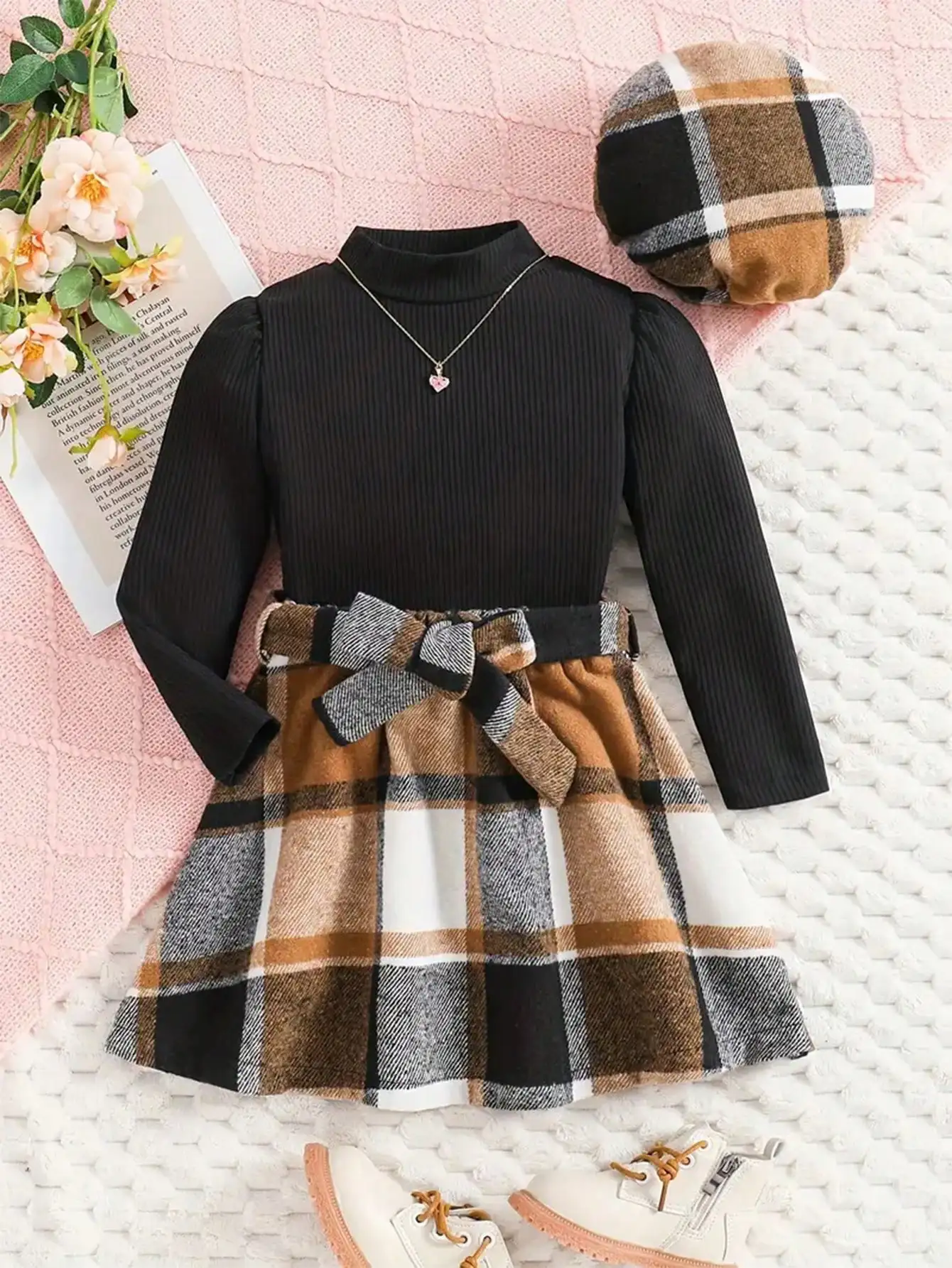 Two piece set, imitation nekc long sleeved top+plaid skirt - Spring and Autumn outdoor clothing, girls' set
