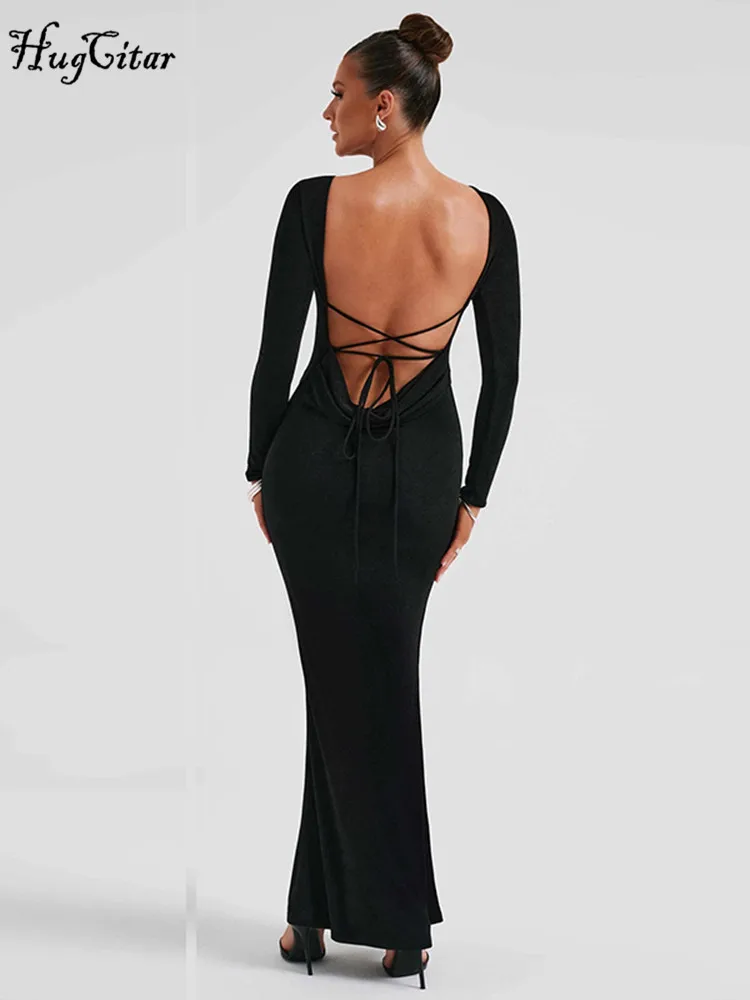 فستان طويل مكشكش من الدانتيل للنساء ، أكمام طويلة ، ملابس عارية الذراعين ، مثير ونحيف ، حفلة مسائية وحفلات زفاف ، أنيقة وأحادية اللون ، خريف