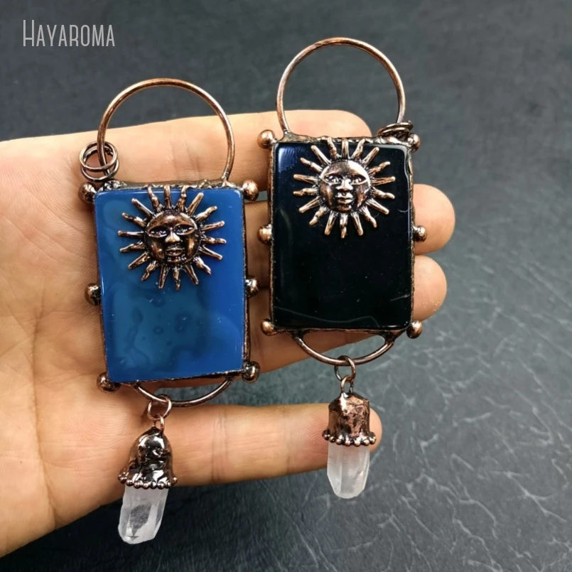 10Pcs Vintage Style Handmade Jewelry Soldered Rectangle Antique Bronze Color Tin Clear Crystal Solar Agates Pendant