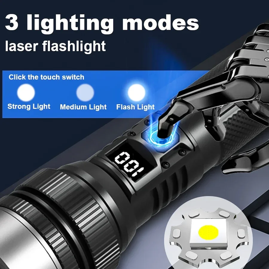 Super Bright White Laser LED Flashlight with Power Display USB Rechargeable Zoomable Torch Waterproof Emergency Lantern