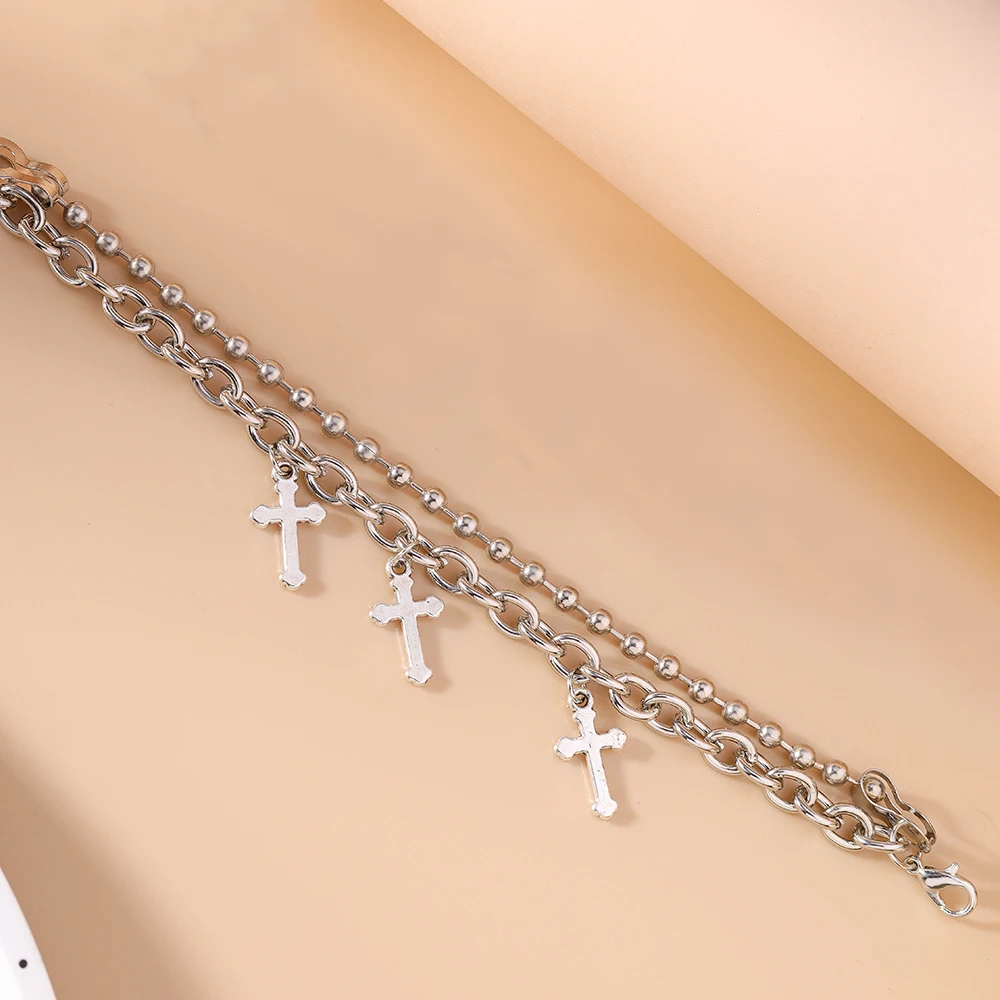 Aihua Gothic Hip Hop Metall Kreuz Charm Armband für Frauen Schichtung verknüpfte Perlen Kette Armbänder Kpop Schmuck Geschenke – Detail 2