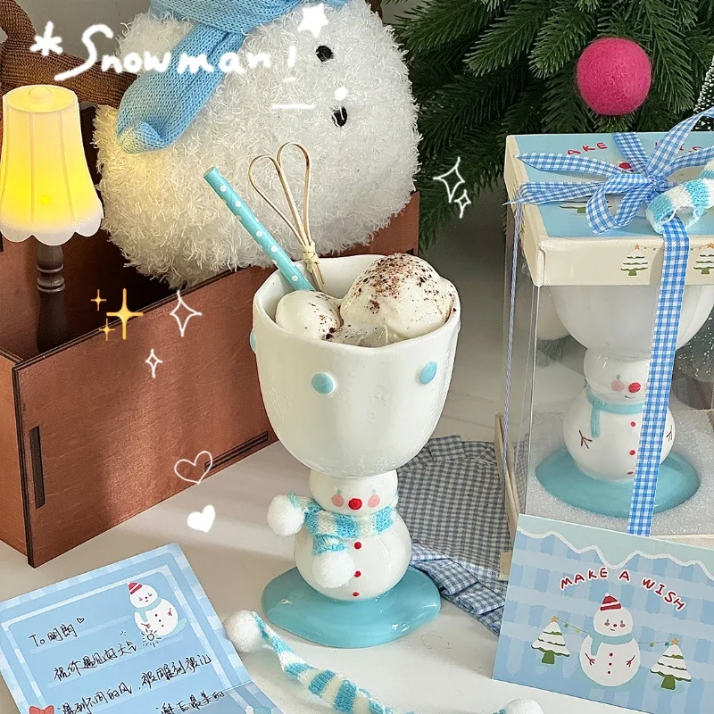 Cute Scarf Snowman High Footed Cup Underglaze Color Hand-painted Gift Ice Cream Ceramic Mug Souvenir