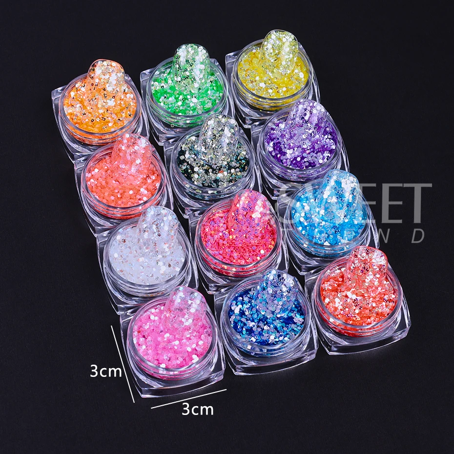 12 ألوان المجسم سداسية مسمار بريق الترتر رقائق البريق الصغيرة شرائح سبانجلز مانيكير اكسسوارات الديكور مستلزمات الأظافر