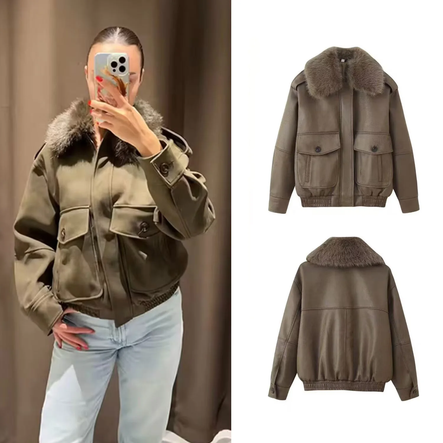 

Women Artificial Fur Collar Suede Jacket Female Full Sleeve Zippers Pocket Coats Autumn Winter New Warm Lady Jackets Clothing