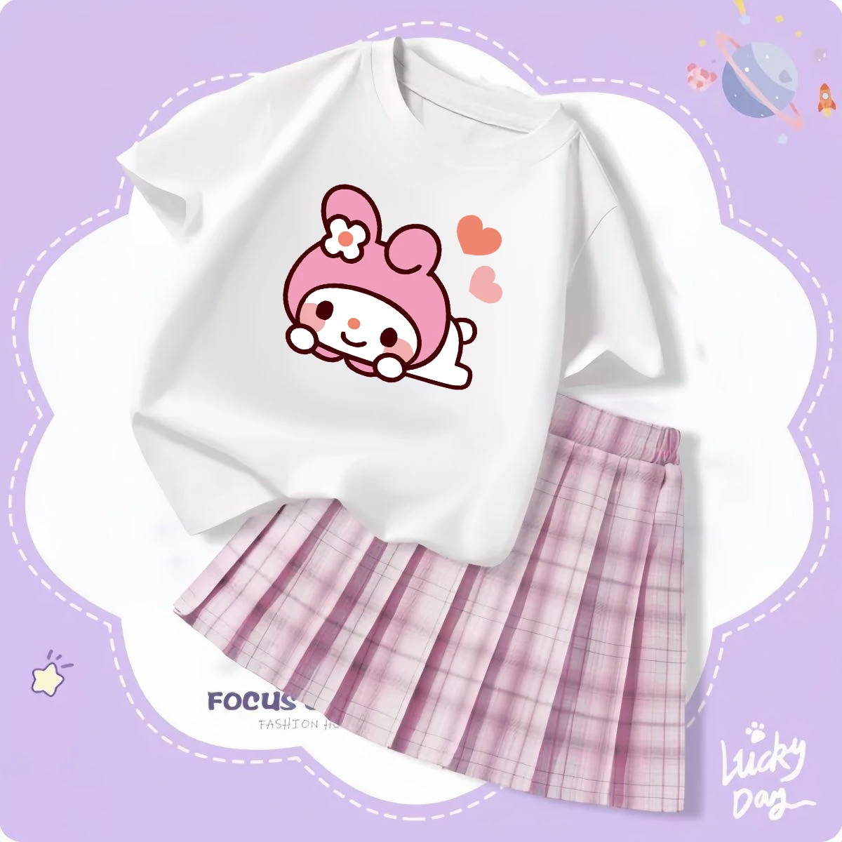 Koszulka Kawaii Sanrio Cinnamoroll Hello Kitty dziecięca spódnica słodka Kuromi moja melodia letnia dziewczyna kreskówka t-shirt Jk zestaw spódnic