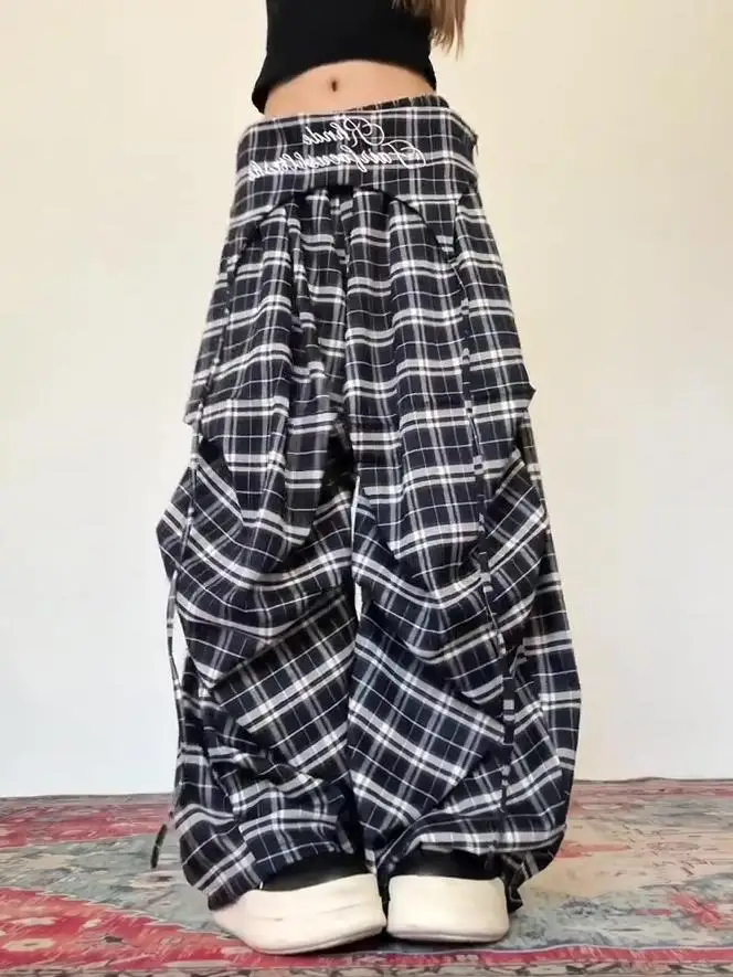 Calças xadrez casuais femininas originais americanas rua carta bordado camadas finas sle verão commute calças de perna larga