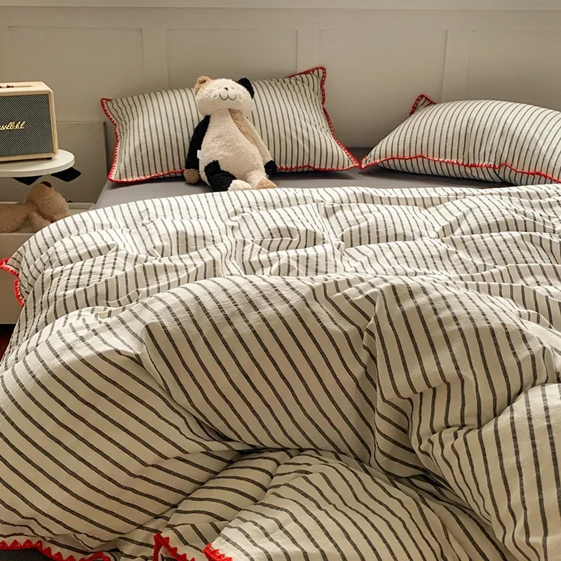 

New Shell Edge Pure Cotton Bedding Set Simple Striped Printed Skin Friendly Comforter Cover Sets Washable Non Fading Bed Linens