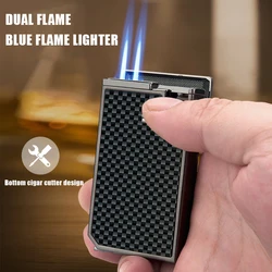 Honest Creative Double Blue Flame Lighter Adjustable Flame Bottom Cigar Cutter Visual Gas Tank Ignition Man Gadgets