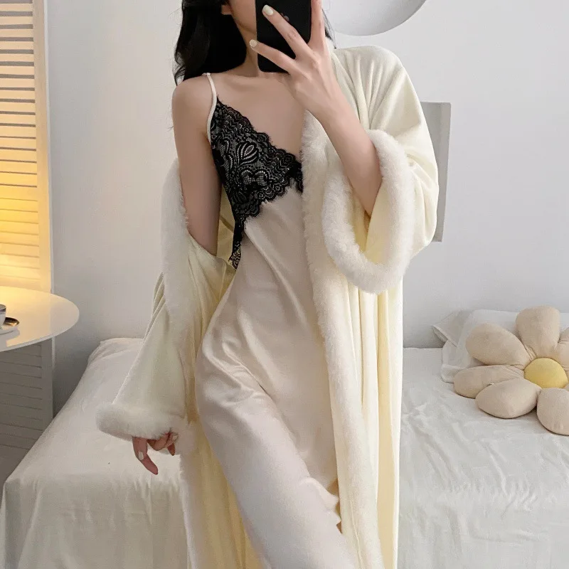 

Островный бархатный длинный халат, ночная рубашка, комплект, женская сорочка, одежда для сна, сексуальная кружевная ночная рубашка из искусственного шелка, нижнее белье, элегантная домашняя одежда, домашняя одежда