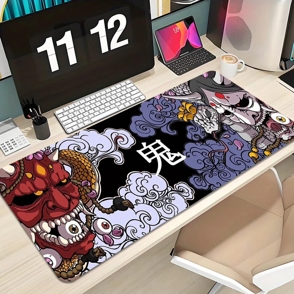 Japanisches Oni-Drachen-Gaming-Mauspad, Cloud Hannya Mask Print, glatte Kante, rutschfeste Matte für Gamer, Büro, Zuhause, kabellose Tastatur
