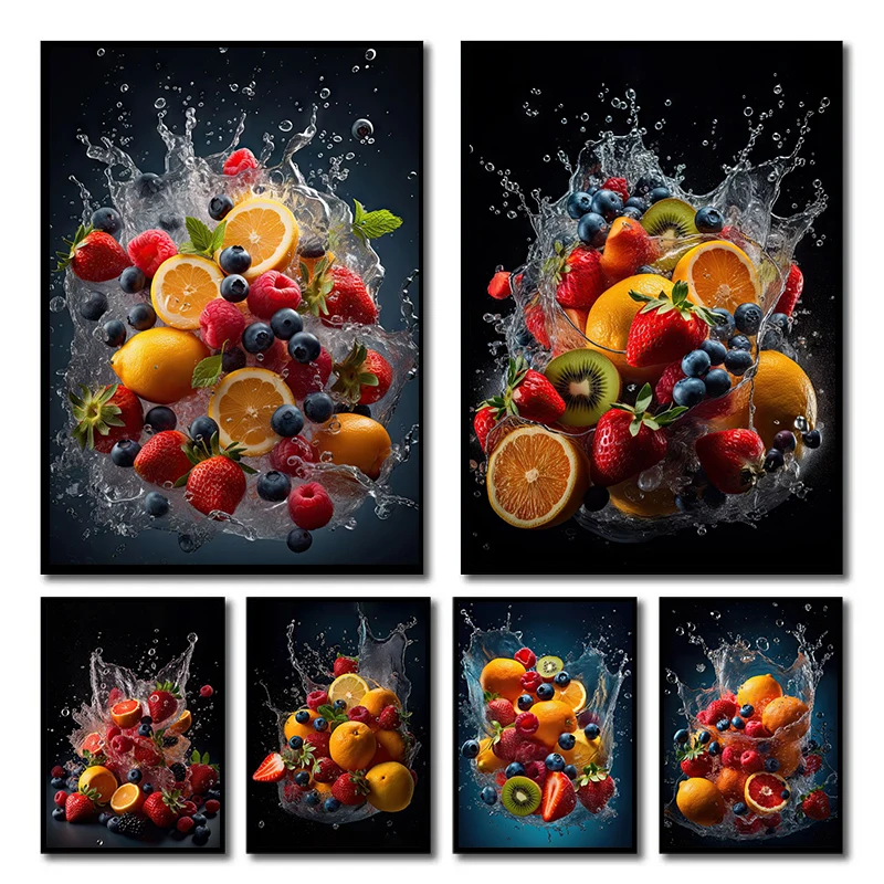 Frische Früchte Wasserspritzer Poster und Drucke Diamantmalerei Wandkunst Bild für Restaurant Küche Heimdekoration
