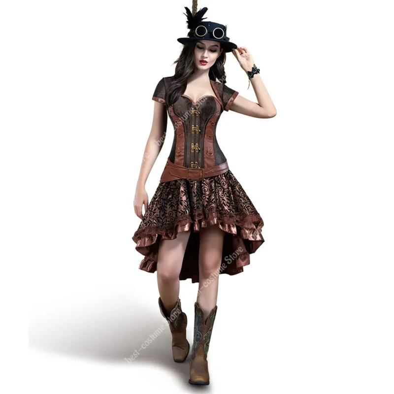 Steampunk corset dress for women Gothic faux leather corset with skirt medieval blouse top plus size Brown pirate costume dress