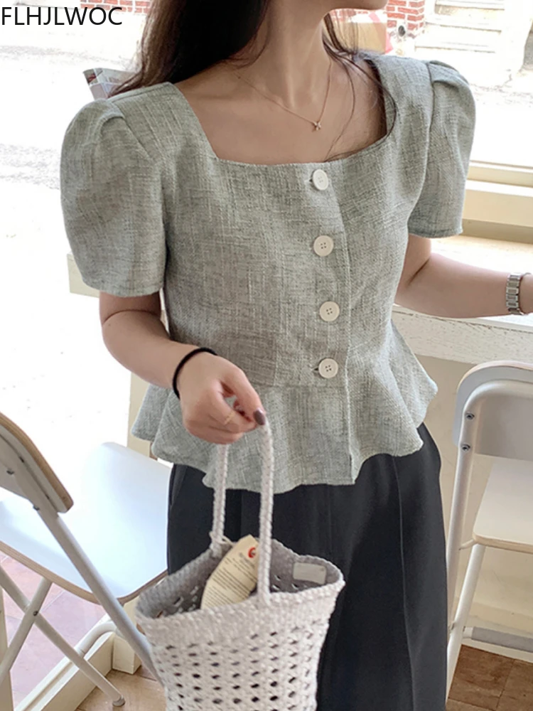 Retro Vintage Chic Square Neck Collar Tops Hot Women Summer Short Sleeve Korea Japan Style Button Blouse Shirts