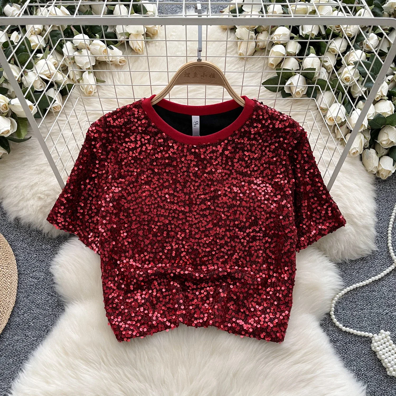 T-shirt Vintage con paillettes manica corta O collo Slim elegante moda Crop Top Sexy primavera autunno donna Top