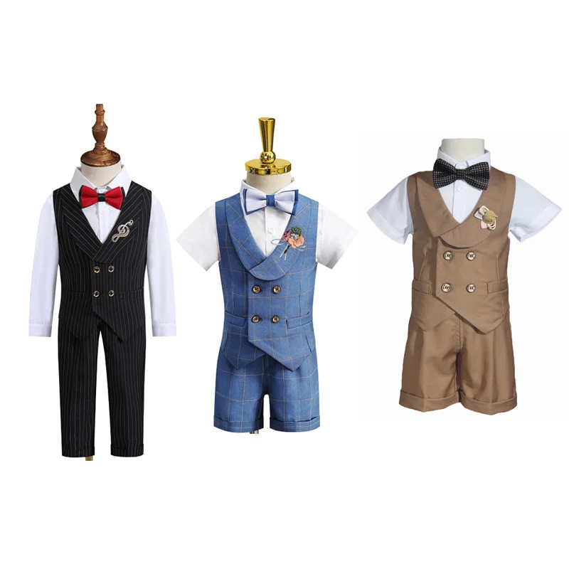 

Spring Summer Child Formal Vest Dress Suit Set Boys Wedding Birthday Piano Performance Costume Kids Waistcoat Shorts Clothes