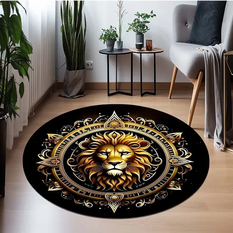 Royal Golden Lion Circular Area Rug  Gothic Vintage Ornament Border Round Mat Noble Wildlife Pattern Modern Home Decor Rug