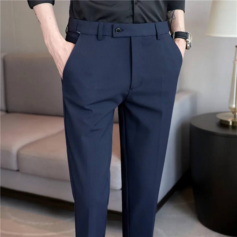 Plus Size 40 38 Spring Summer New Solid Color Elastic Waist Dress Pants Men Slim Business Office Social Ankle Length Trousers