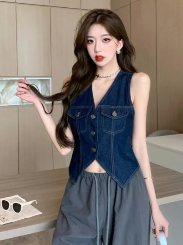 Stylish Retro Hong Kong Style V-Neck Single Button Denim Vest Sexy Personality Slimming Split Sleeveless Top Women's Fashion