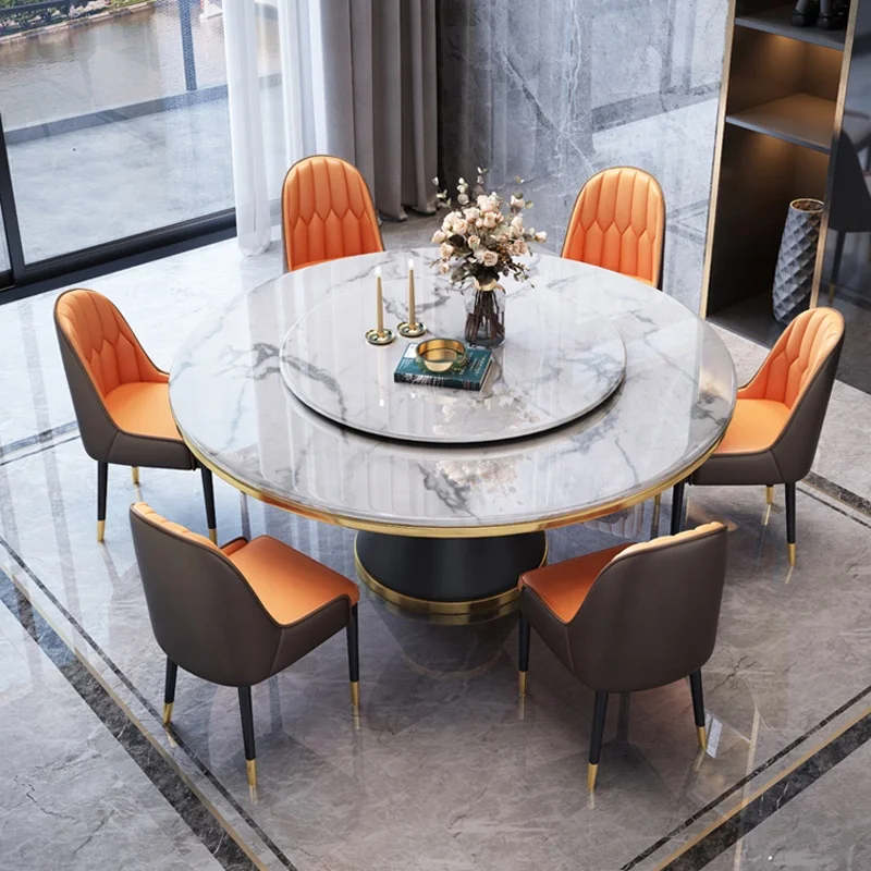 8 People Sit Luxury Marble Dining Table And Chair Combination Round Table With Turntable