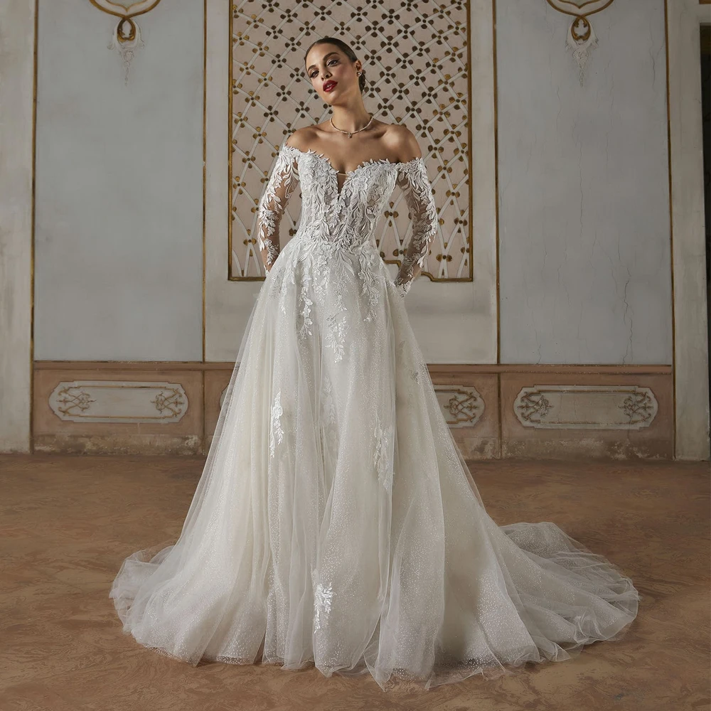 

Customized V Neck Wedding Dresses Full Sleeves A Line Bridal Growns Applique Lace Zipper Back Floor Length 2025 Vestido de novia