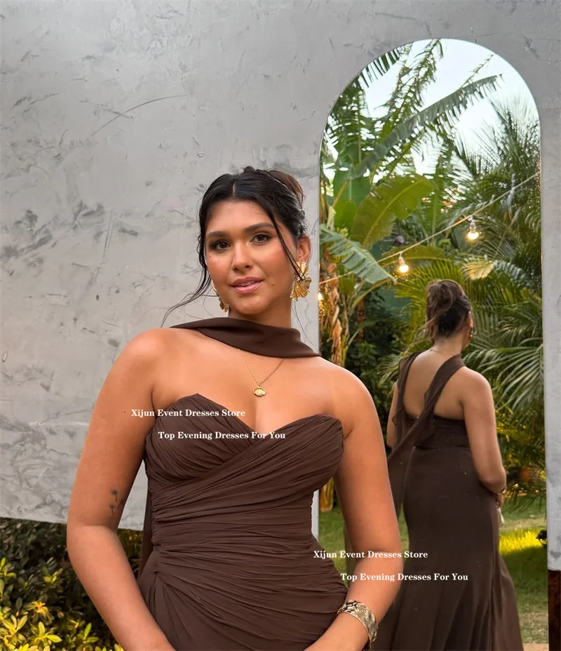 Xijun Simple Brown Chiffon Evening Dresses Sweetheart Sleeveless Scarf Long Prom Dresses Pleated Formal Prom Gown Customized
