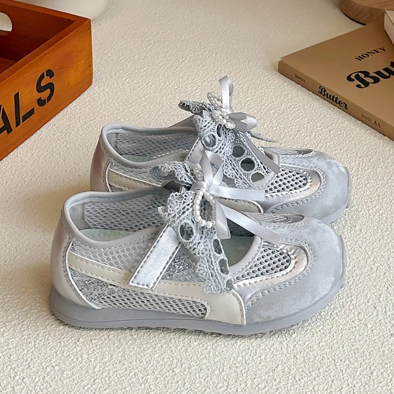 

Детские летние кроссовки-сандалии Mary Jane с бантом и лентами, 2026, мягкие, нескользящие, легкие, дышащие, сетчатые, спортивные