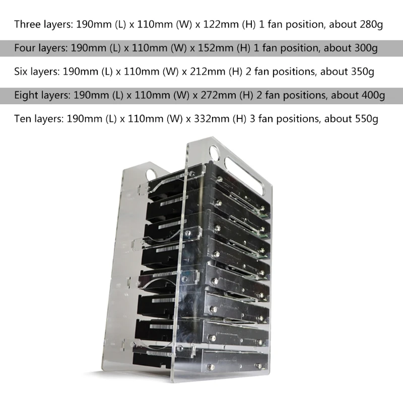 Multi-Layer Hard Drive Cage Hard Drive Bracket for 3.5in HDD SSD DIY Storage Acrylic Rack Shelf with Cooling Fan Space