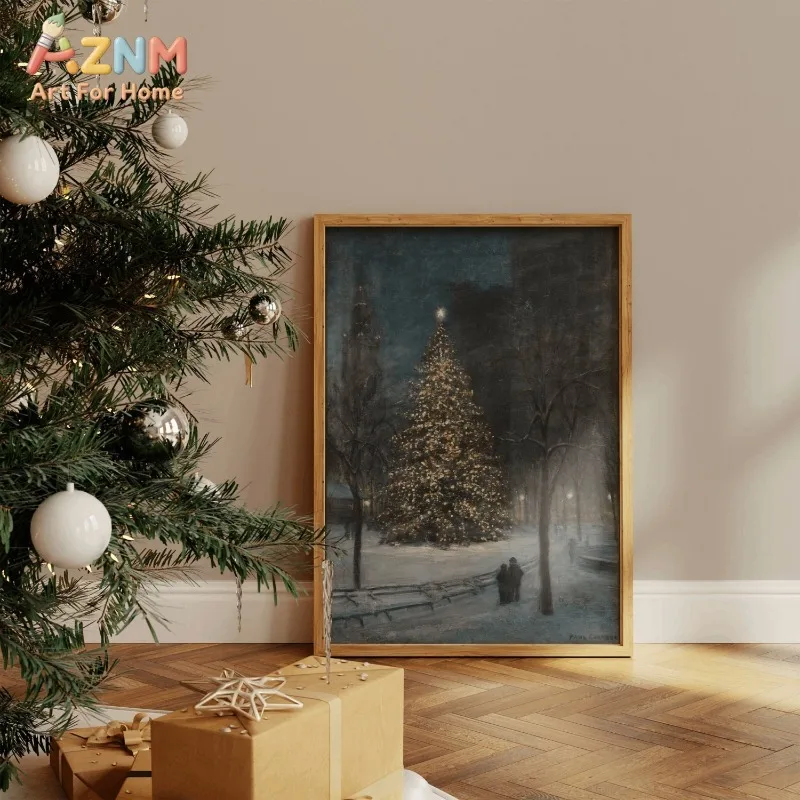 Vintage City Park Christmas Tree Canvas Wall Art Snowy Night Scene Moody Winter Xmas Home Wall Print Unframed Canvas Poster