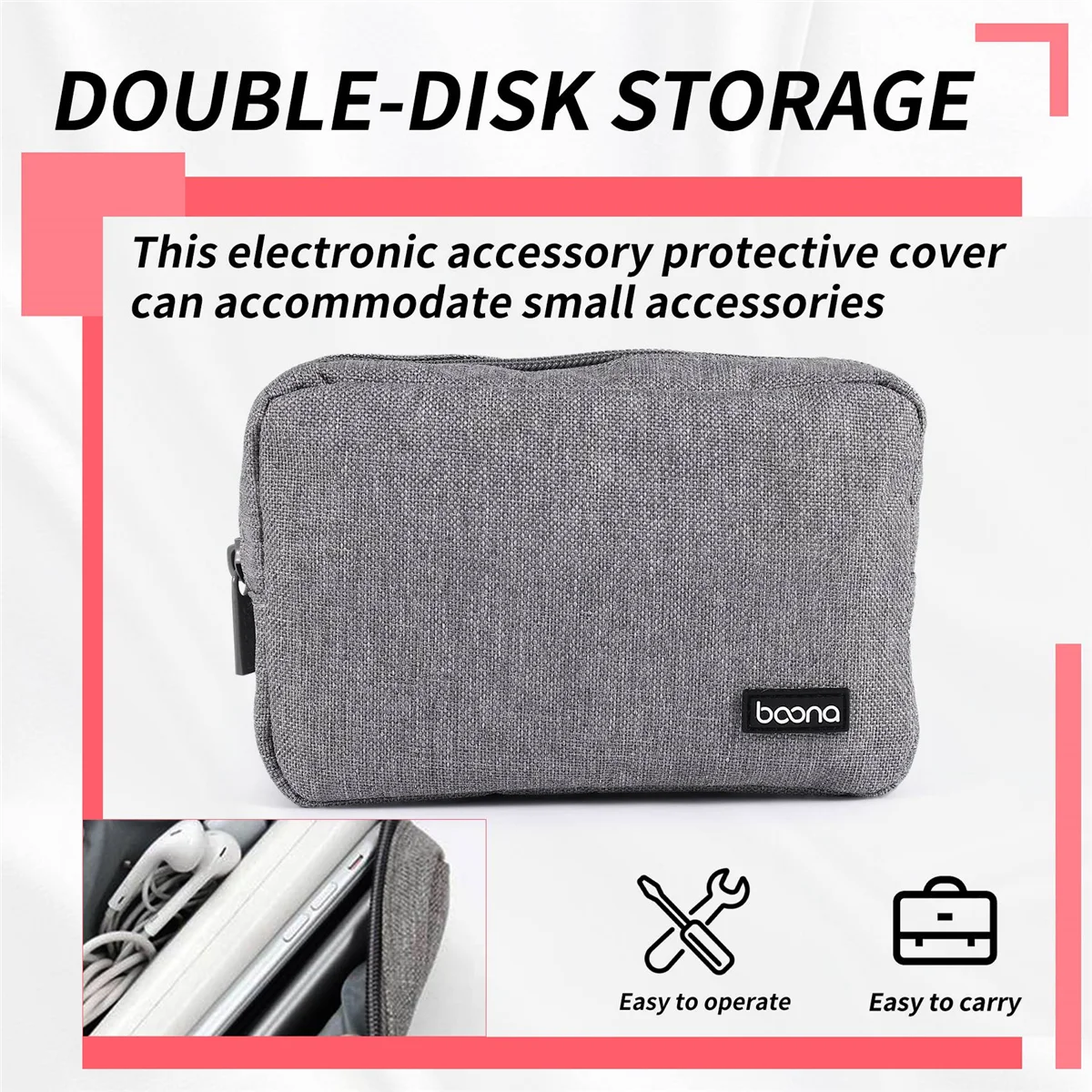 BOONA Portable Travel Storage Bag for Laptop Power Adapter Gray_BSH