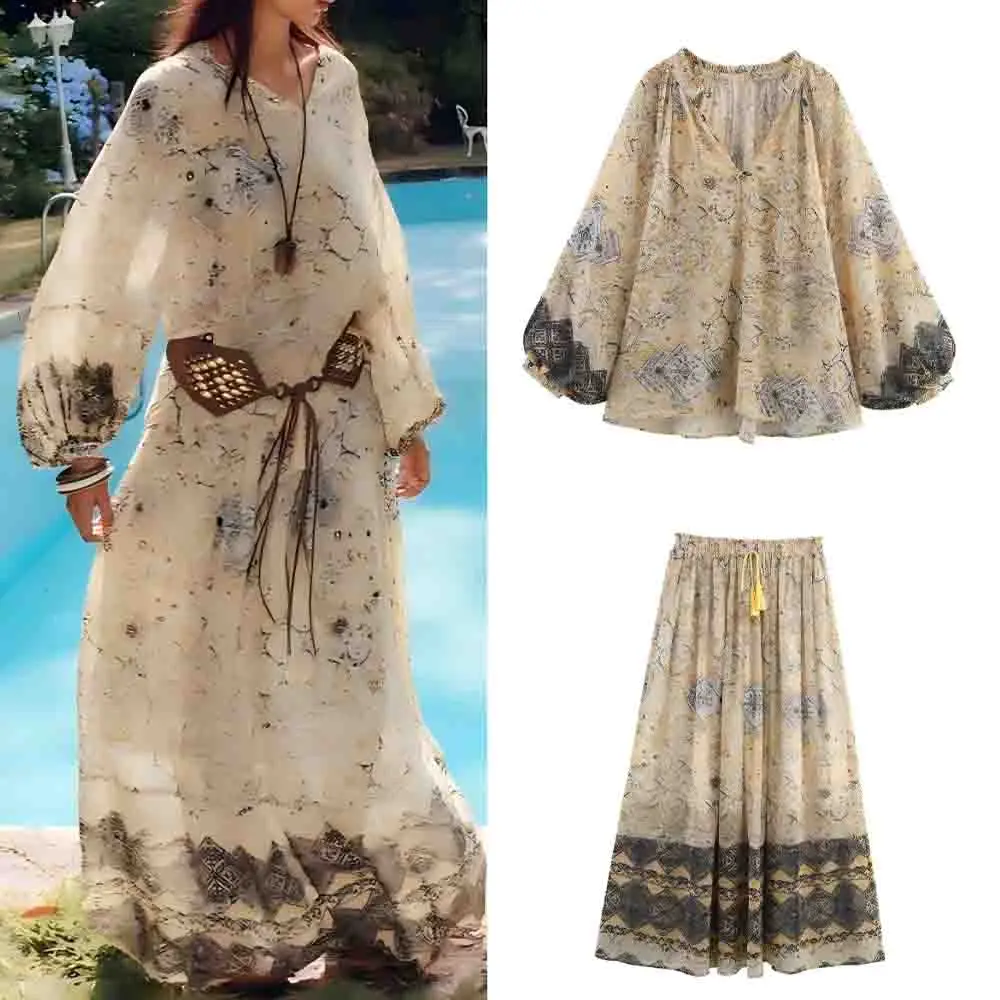 

Women's new fashion loose metal line printed shirt retro V-neck long sleeved women's shirt chic top+Skirts suit