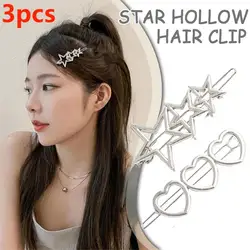 3pcs Y2K Metal Star Hairpin Japanese Sweet Cool Girl Fashion Cute One-word Bangs Clip Hollow Heart Clip Hair Accessories