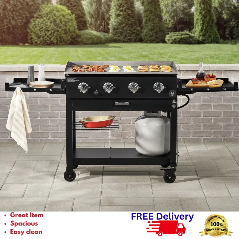 

4 Burner Gas Griddle Flat Top Grill w/ Cover Outdoor BBQ Cooking Station